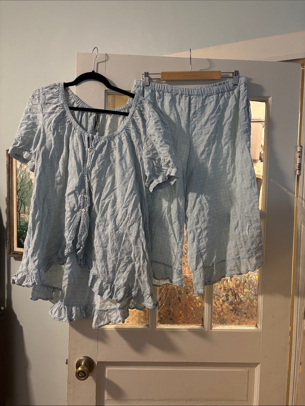 Anthropologie Light Blue Ruffle-Trim Cotton Pajama Set